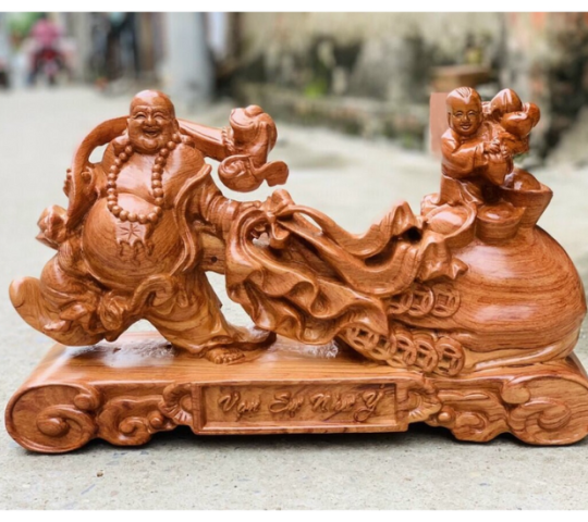 Tượng Phật Di Lặc Kéo Bao Tiền Bằng Gỗ Hương Đá - Kích Thước 50×30×15cm
